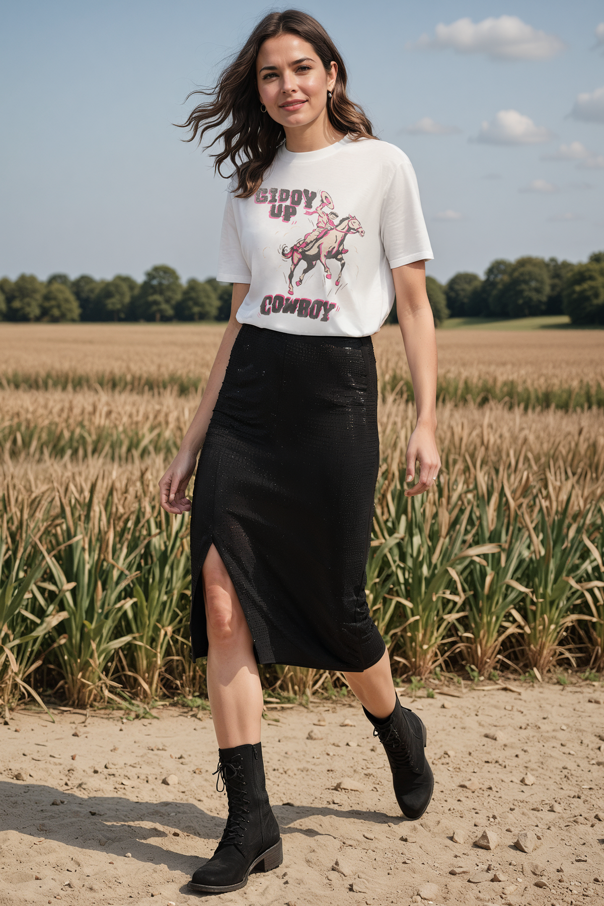 A woman is outdoors in a field, modeling a stylish outfit. She wears a white T-shirt featuring a vibrant illustration of a cowboy riding a horse, with the words "GIDDY UP COWBOY" in bold, pink letters. Her ensemble is completed with a black, high-waisted skirt adorned with subtle sparkles and a front slit, and she's wearing black lace-up ankle boots. The background features a serene landscape of a wheat field with a clear blue sky dotted with fluffy clouds, creating a relaxed, natural setting.